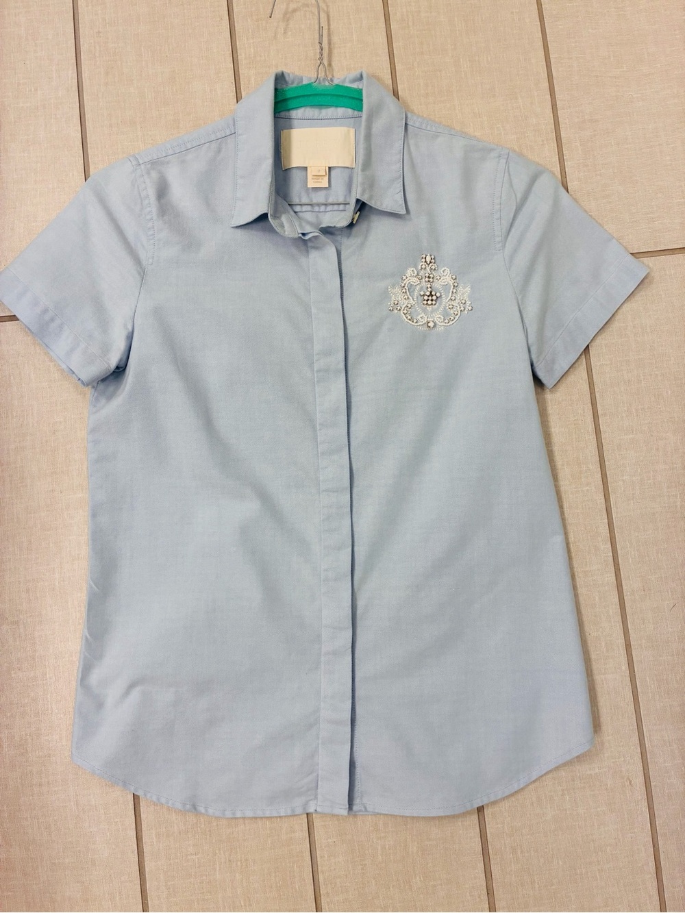 J. Crew Collection Blue Short-Sleeve Button-Down Shirt with Embellishment Accent